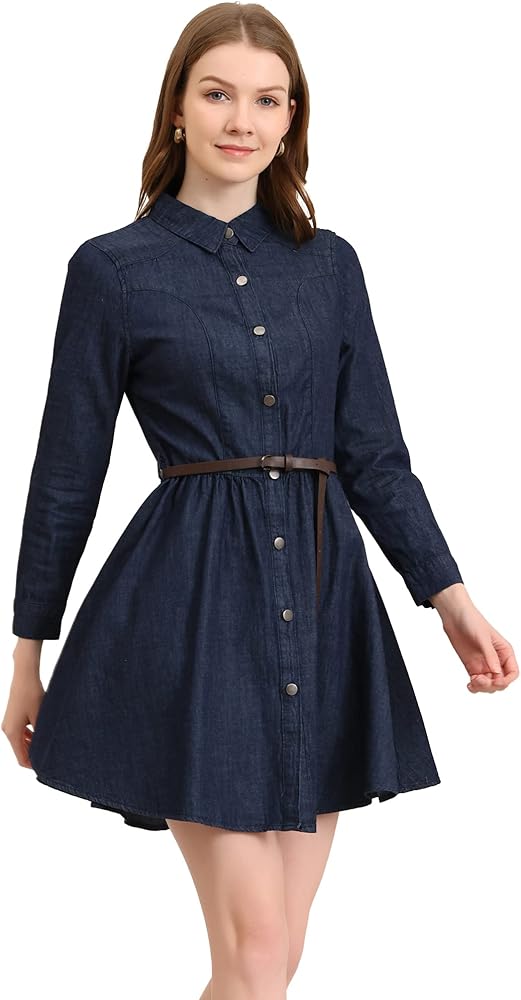 Allegra K Women's Denim Dress Button Down Belted Pleated Flare A-line Shirt Dress at Amazon Women’s Clothing store